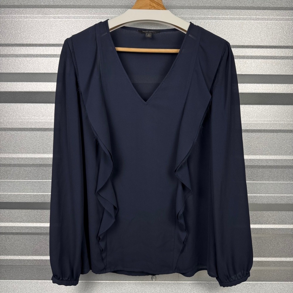 Banana Republic Navy Blue Chiffon Ruffle Front V-Neck Long Sleeve Blouse Size S - Picture 2 of 12